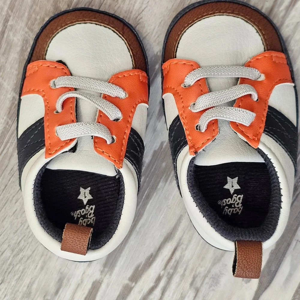 Baby Bgosh Infant Sneakers White Orange Navy Blue Soft Sole Size 1 Boy Girl
